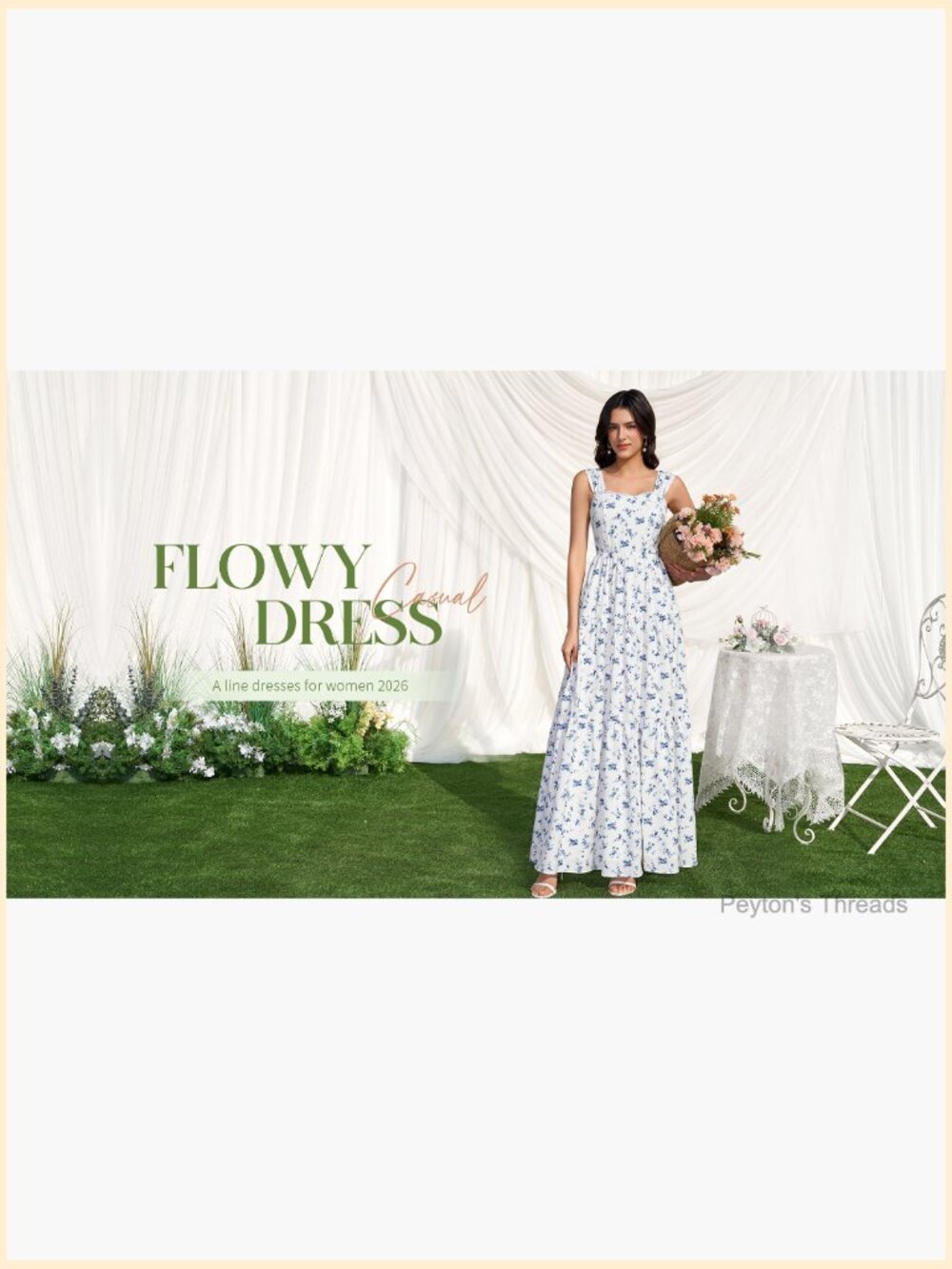 Floral Maxi Dress Lace Up Square Neck Flowy A-Line Wedding Guest Dress - Picture 7 of 7